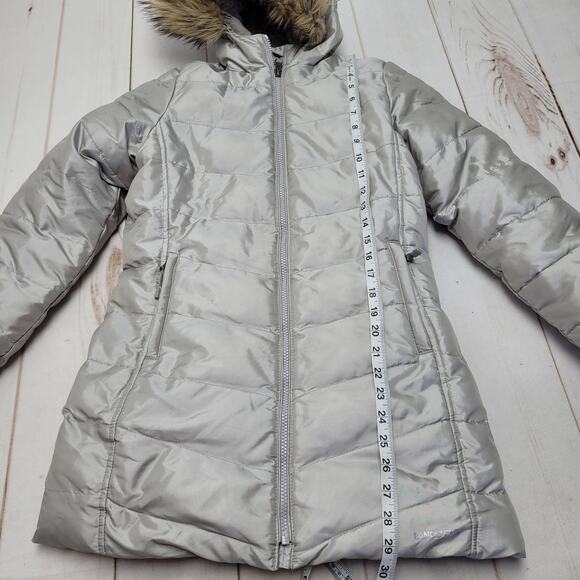 Lands End silver down alternative long puffer jacket winter coat fur - Picture 2 of 10